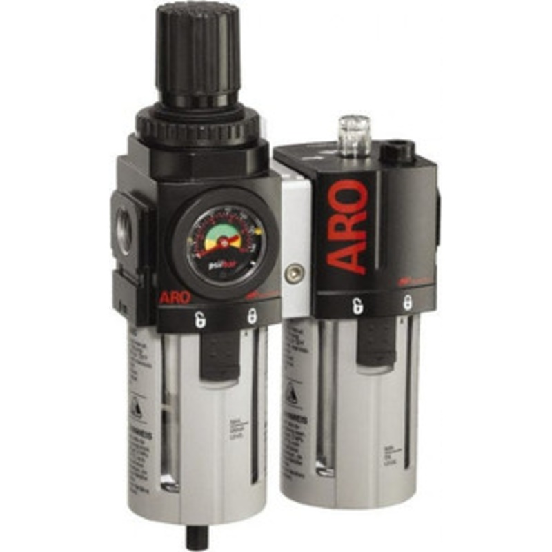 ARO Fluid Management 1/2 NPT Standard 2 Pc Filter/Regulator-Lubricator FRL Unit with Pressure Gauge 120 SCFM, 150 Max psi, Polycarbonate Bowl, Automatic Drain C38341-601 - 61684023