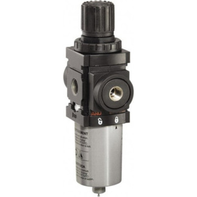 ARO Fluid Management 1/4 NPT Miniature 1 Pc Filter/Regulator FRL Unit 47 SCFM, 250 Max psi, Metal Bowl, Automatic Drain P39124-124 - 63864201