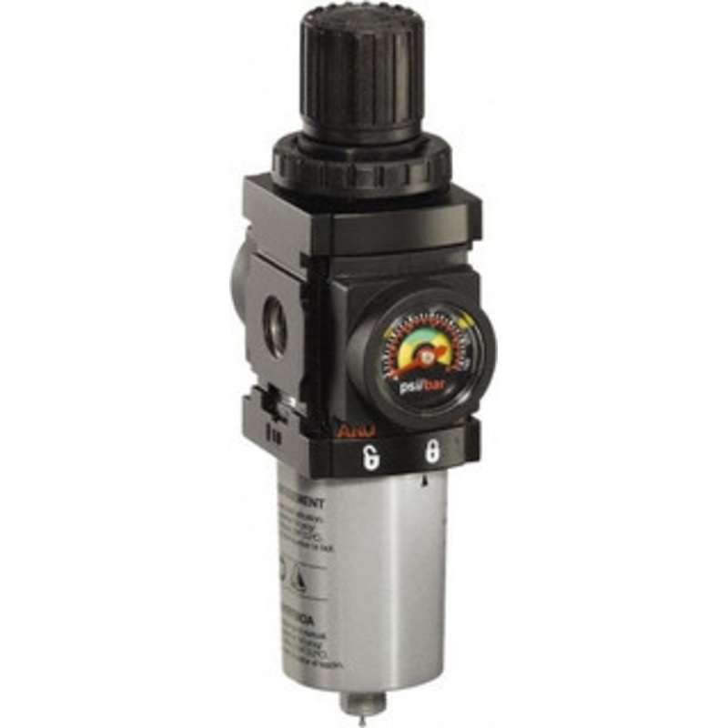 ARO Fluid Management 1/4 NPT Miniature 1 Pc Filter/Regulator FRL Unit with Pressure Gauge 47 SCFM, 250 Max psi, Metal Bowl, Manual Drain P39124-620 - 55395073
