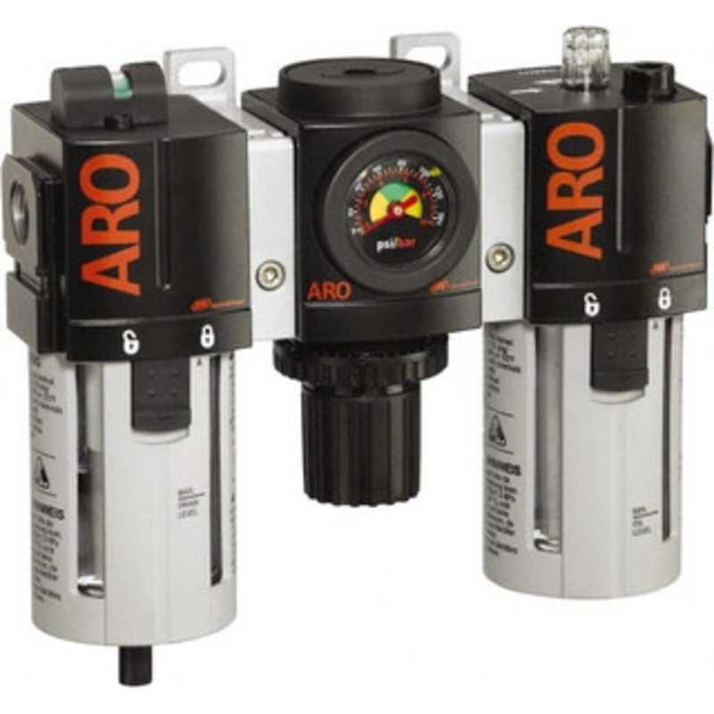 ARO Fluid Management 3/8 NPT Standard 3 Pc Filter-Regulator-Lubricator FRL Unit with Pressure Gauge 99 SCFM, 150 Max psi, Polycarbonate Bowl, Manual Drain C38331-800 - 61684262