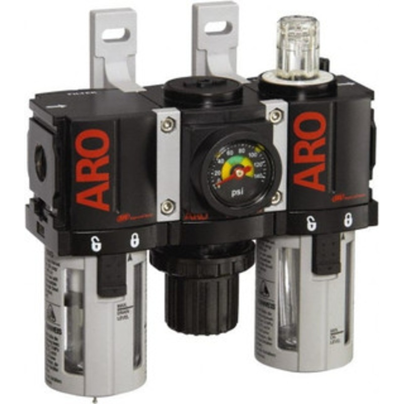 ARO Fluid Management 1/4 NPT Miniature 3 Pc Filter-Regulator-Lubricator FRL Unit with Pressure Gauge 46 SCFM, 150 Max psi, Polycarbonate Bowl, Automatic Drain C38121-801 - 61684221