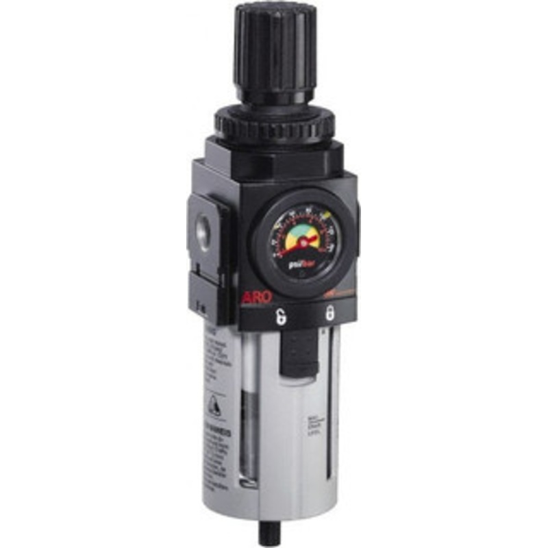 ARO Fluid Management 1/2 NPT Standard 1 Pc Coalescing Filter/Regulator FRL Unit with Pressure Gauge 172 SCFM, 150 Max psi, Polycarbonate Bowl, Manual Drain P39343-600 - 61684239