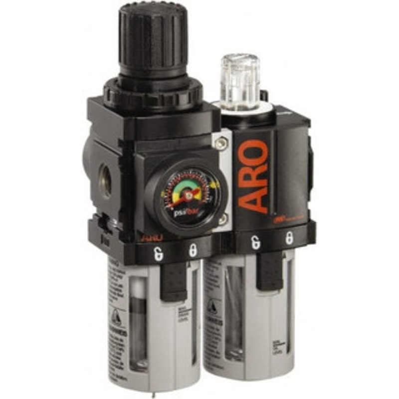 ARO Fluid Management 1/4 NPT Miniature 2 Pc Filter/Regulator-Lubricator FRL Unit with Pressure Gauge 44 SCFM, 150 Max psi, Polycarbonate Bowl, Manual Drain C38121-600 - 42005538