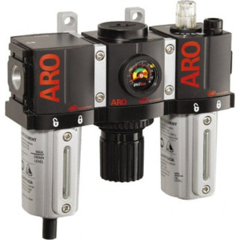 ARO Fluid Management 3/8 NPT Compact 3 Pc Filter-Regulator-Lubricator FRL Unit with Sight Glass & Pressure Gauge 85 SCFM, 250 Max psi, Metal Bowl, Manual Drain C38231-810 - 61684049