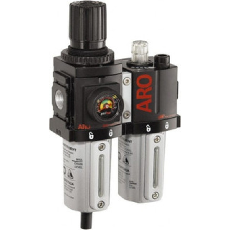 ARO Fluid Management 3/8 NPT Compact 2 Pc Filter/Regulator-Lubricator FRL Unit with Sight Glass & Pressure Gauge 71 SCFM, 250 Max psi, Metal Bowl, Manual Drain C38231-610 - 61683942
