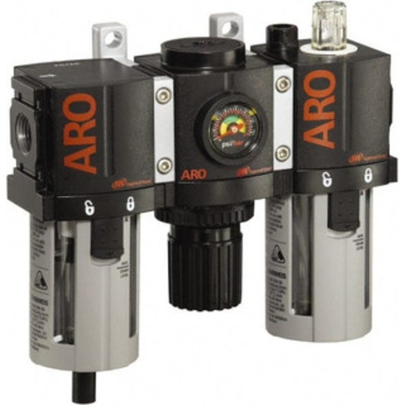 ARO Fluid Management 1/4 NPT Compact 3 Pc Filter-Regulator-Lubricator FRL Unit with Pressure Gauge 61 SCFM, 150 Max psi, Polycarbonate Bowl, Manual Drain C38221-800 - 61684056