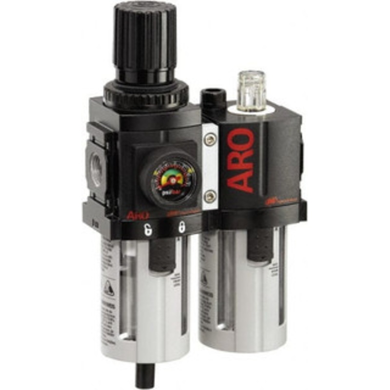ARO Fluid Management 1/4 NPT Compact 2 Pc Filter/Regulator-Lubricator FRL Unit with Pressure Gauge 58 SCFM, 150 Max psi, Polycarbonate Bowl, Manual Drain C38221-600 - 61684080