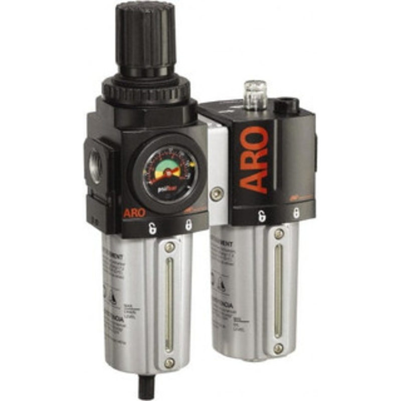 ARO Fluid Management 3/4 NPT Standard 2 Pc Filter/Regulator-Lubricator FRL Unit with Sight Glass & Pressure Gauge 142 SCFM, 250 Max psi, Metal Bowl, Manual Drain C38351-610 - 61684320