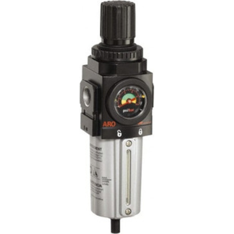 ARO Fluid Management 1/2 NPT Standard 1 Pc Coalescing Filter/Regulator FRL Unit with Sight Glass & Pressure Gauge 172 SCFM, 250 Max psi, Metal Bowl, Manual Drain P39343-610 - 61684312