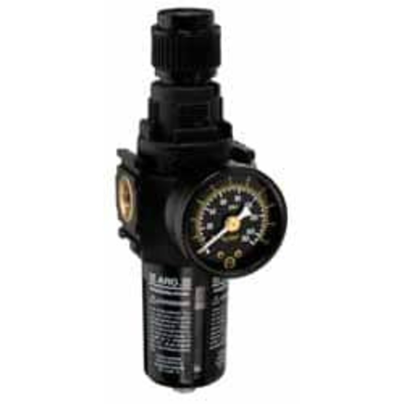 ARO Fluid Management 1/4 NPT Compact 1 Pc Filter/Regulator FRL Unit with Pressure Gauge 72 SCFM, 150 Max psi, Polycarbonate Bowl, Manual Drain P39224-600 - 65014276