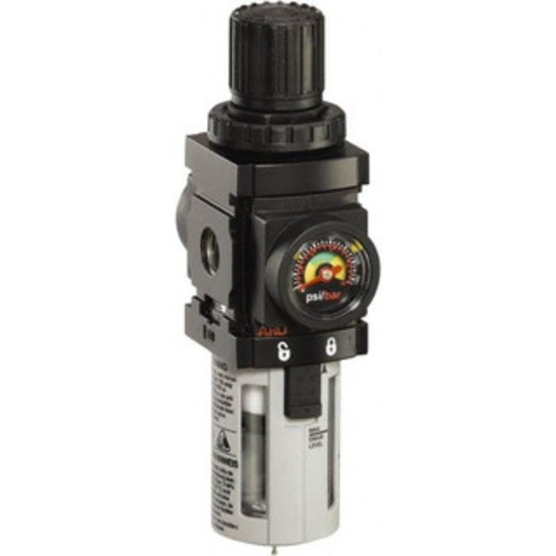 ARO Fluid Management 1/4 NPT Miniature 1 Pc Filter/Regulator FRL Unit with Pressure Gauge 47 SCFM, 150 Max psi, Polycarbonate Bowl, Automatic Drain P39124-604 - 40169054