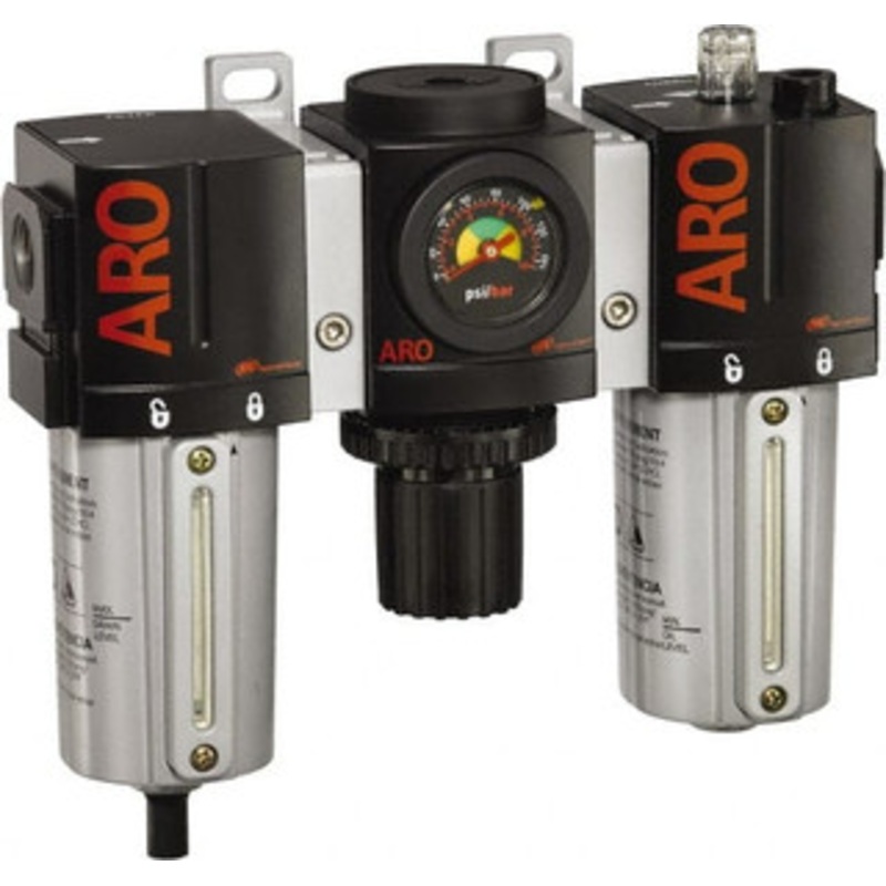 ARO Fluid Management 3/4 NPT Standard 3 Pc Filter-Regulator-Lubricator FRL Unit with Sight Glass & Pressure Gauge 171 SCFM, 250 Max psi, Metal Bowl, Manual Drain C38351-810 - 61684064