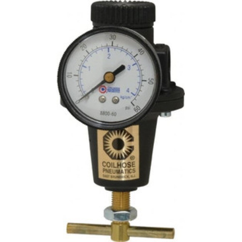 Coilhose Pneumatics 3/8 NPT 0 - 60 psi Heavy-Duty T-Handle Cast Aluminum Regulator with Gauge 250 Max Supply psi, 40 CFM, 250F Max, 3 Wide x 5-1/2 High 8803GL - 80074198