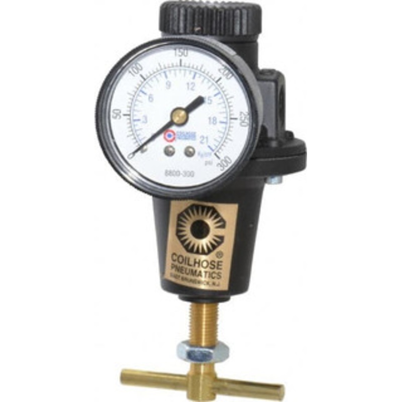 Coilhose Pneumatics 1/4 NPT 0 - 200 psi Heavy-Duty T-Handle Cast Aluminum Regulator with Gauge 250 Max Supply psi, 40 CFM, 250F Max, 3 Wide x 5-1/2 High 8802GH - 80073836