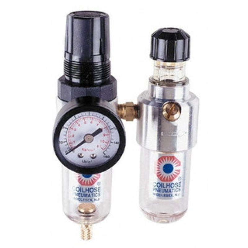 Coilhose Pneumatics 1/4 NPT Miniature 2 Pc Filter/Regulator-Lubricator FRL Unit with Pressure Gauge 25 SCFM, 150 Max psi, Polycarbonate Bowl, Manual Drain MFCL2-G - 80081235
