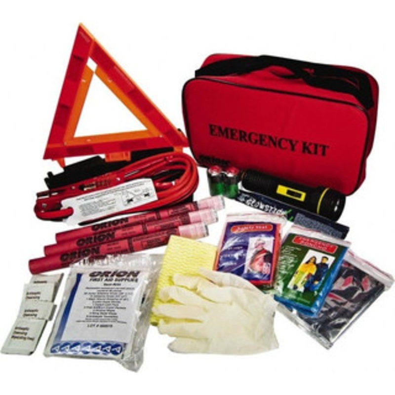 Orion Safety 79 Piece, Emergency Roadside Safety Kit Emergency Flares, Reflective Triangle, Flashlight, Batteries, Lightstick, Vest, Poncho, Shop Cloth, Jumper Cable, Multi-Tool, Thermal Blanket, Toweletes & First Aid Supplies 8901S - 58421082