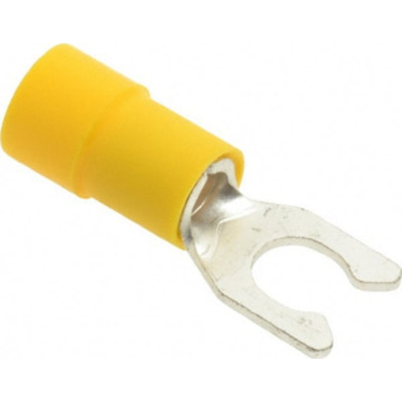 Thomas & Betts #10 Stud, 12 to 10 AWG Compatible, Partially Insulated, Crimp Connection, Locking Fork Terminal 0.354 Fork Width, Vinyl Insulation, Yellow, 0.992 OAL, 600 Volts, 0.039 Thick, Copper Contacts TV10-10LF-XV - 68886837
