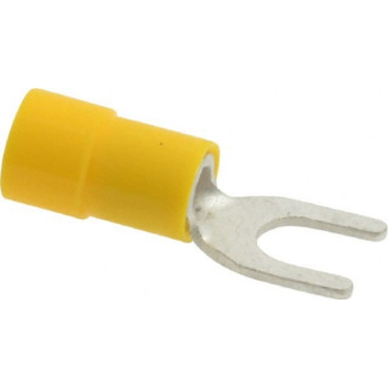 Thomas & Betts #10 Stud, 12 to 10 AWG Compatible, Partially Insulated, Crimp Connection, Standard Fork Terminal 0.283 Fork Width, Vinyl Insulation, Yellow, 1.004 OAL, 600 Volts, 0.039 Thick, Copper Contacts TV10-10F-XV - 68886829