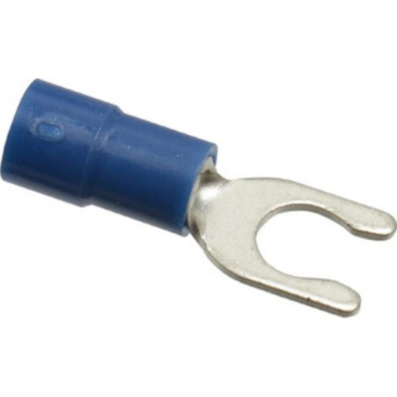 Thomas & Betts #10 Stud, 16 to 14 AWG Compatible, Partially Insulated, Crimp Connection, Locking Fork Terminal 0.319 Fork Width, Vinyl Insulation, Blue, 0.886 OAL, 600 Volts, 0.031 Thick, Copper Contacts TV14-10LF-XV - 68886902