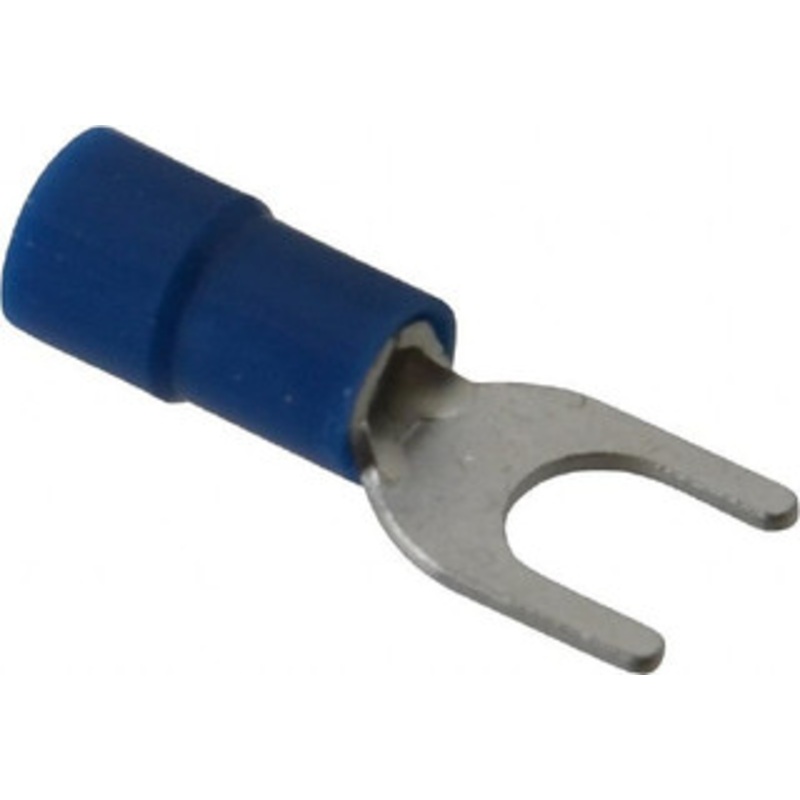 Thomas & Betts #10 Stud, 16 to 14 AWG Compatible, Partially Insulated, Crimp Connection, Standard Fork Terminal 0.311 Fork Width, Vinyl Insulation, Blue, 0.886 OAL, 600 Volts, 0.031 Thick, Copper Contacts TV14-10F-XV - 68886894