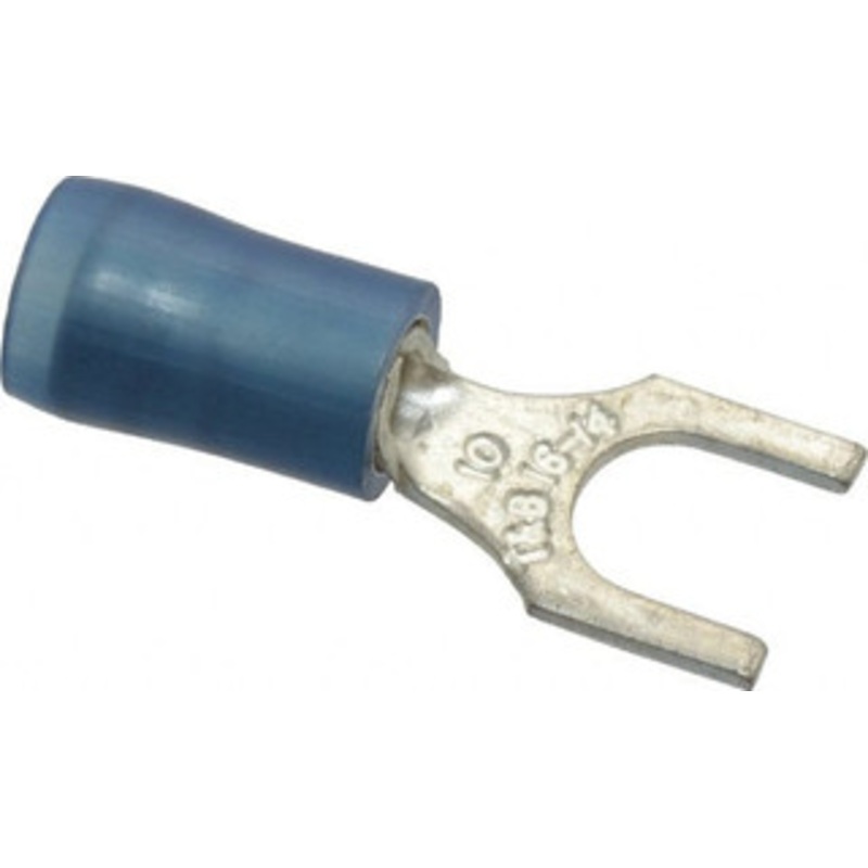 Thomas & Betts #10 Stud, 18 to 14 AWG Compatible, Partially Insulated, Crimp Connection, Standard Fork Terminal 0.38 Fork Width, Nylon Insulation, Blue, 0.87 OAL, 600 Volts, Copper Contacts RB14-10F - 54063557
