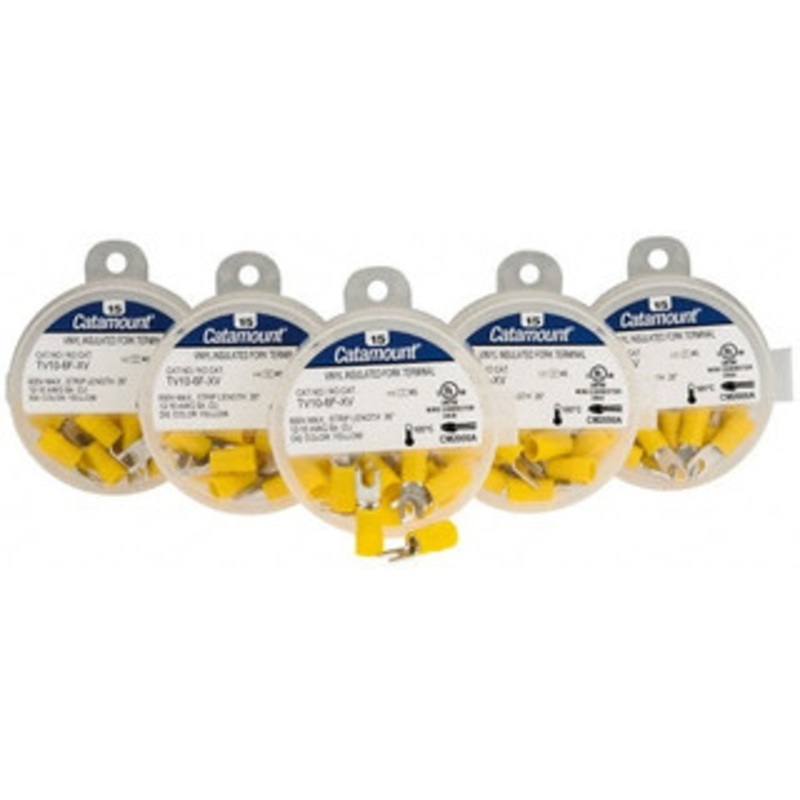 Thomas & Betts #6 Stud, 12 to 10 AWG Compatible, Partially Insulated, Crimp Connection, Standard Fork Terminal 0.283 Fork Width, Vinyl Insulation, Yellow, 0.961 OAL, 600 Volts, 0.039 Thick, Copper Contacts TV10-6F-XV - 68886852