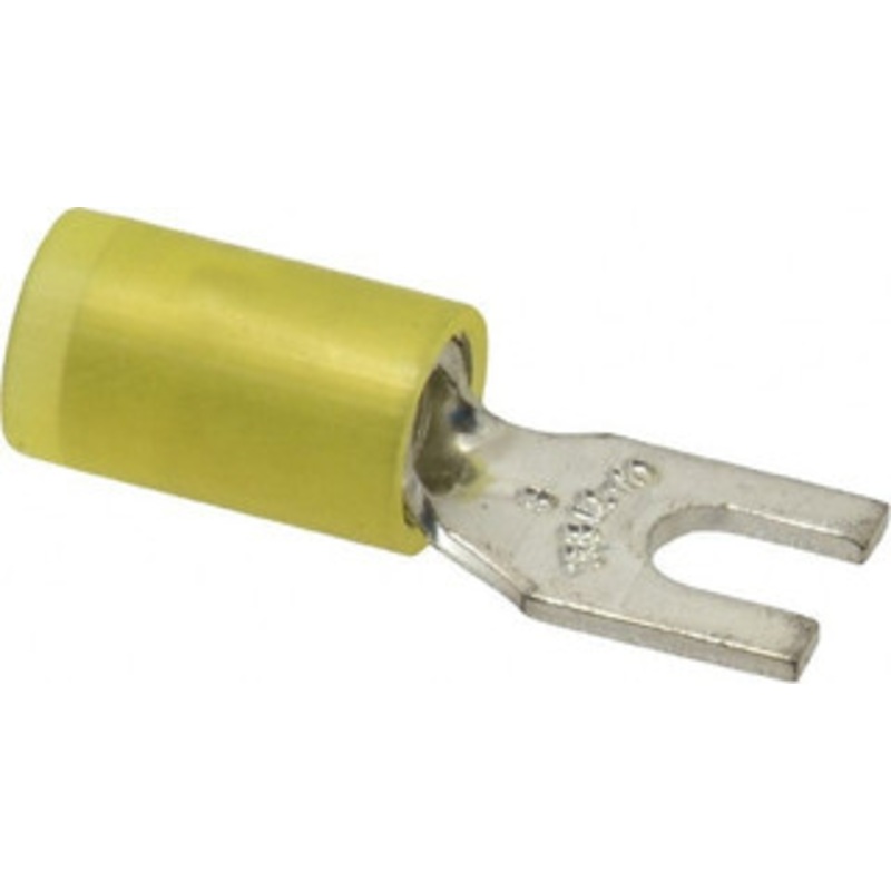 Thomas & Betts #6 Stud, 12 to 10 AWG Compatible, Partially Insulated, Crimp Connection, Standard Fork Terminal 0.31 Fork Width, Nylon Insulation, Yellow, 0.97 OAL, 600 Volts, Copper Contacts RC10-6F - 54063573