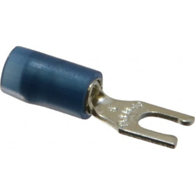 Thomas & Betts #6 Stud, 18 to 14 AWG Compatible, Partially Insulated, Crimp Connection, Locking Fork Terminal 1/4 Fork Width, Nylon Insulation, Blue, 0.87 OAL, 600 Volts, Copper Contacts RB14-6FL - 54063649