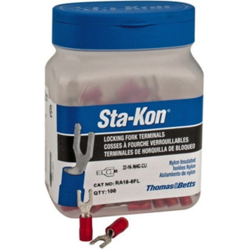 Thomas & Betts #6 Stud, 22 to 16 AWG Compatible, Partially Insulated, Crimp Connection, Locking Fork Terminal 1/4 Fork Width, Nylon Insulation, Red, 0.86 OAL, 600 Volts, Copper Contacts RA18-6FL - 54063615