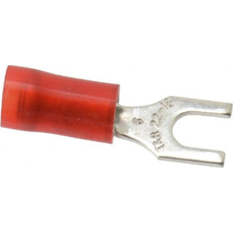 Thomas & Betts #6 Stud, 22 to 16 AWG Compatible, Partially Insulated, Crimp Connection, Standard Fork Terminal 1/4 Fork Width, Nylon Insulation, Red, 0.83 OAL, 600 Volts, Copper Contacts RA18-6F - 54063490