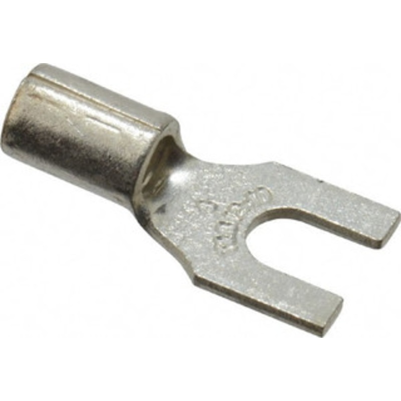 Thomas & Betts #8 Stud, 12 to 10 AWG Compatible, Noninsulated, Crimp Connection, Standard Fork Terminal 0.38 Fork Width, Yellow, 0.82 OAL, 600 Volts, Copper Contacts C10-8F - 54064589
