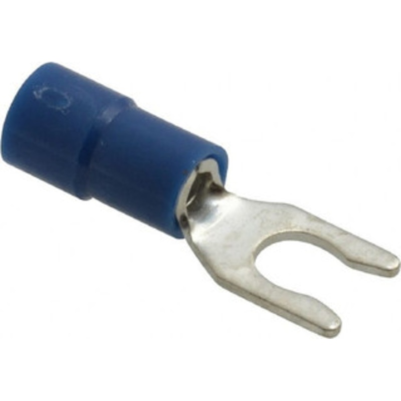 Thomas & Betts #8 Stud, 16 to 14 AWG Compatible, Partially Insulated, Crimp Connection, Locking Fork Terminal 0.283 Fork Width, Vinyl Insulation, Blue, 0.886 OAL, 600 Volts, 0.031 Thick, Copper Contacts TV14-8LF-XV - 68886944