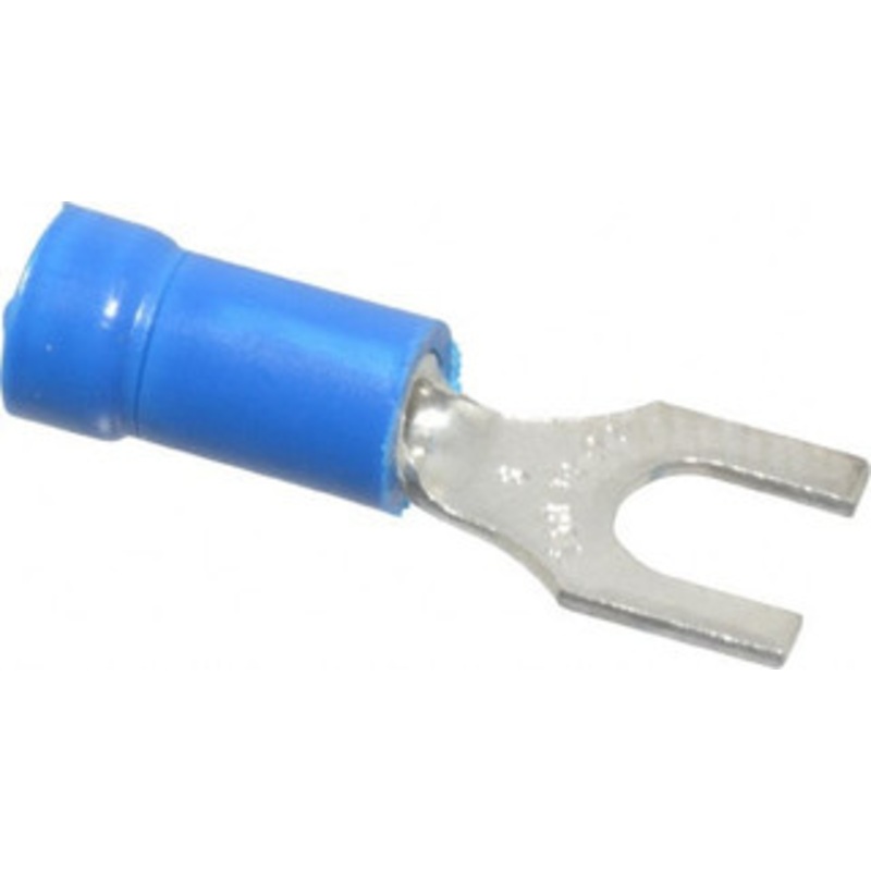 Thomas & Betts #8 Stud, 18 to 14 AWG Compatible, Partially Insulated, Crimp Connection, Standard Fork Terminal 0.31 Fork Width, Vinyl Insulation, Blue, 0.97 OAL, 600 Volts, Copper Contacts 14RB-8F - 54063995