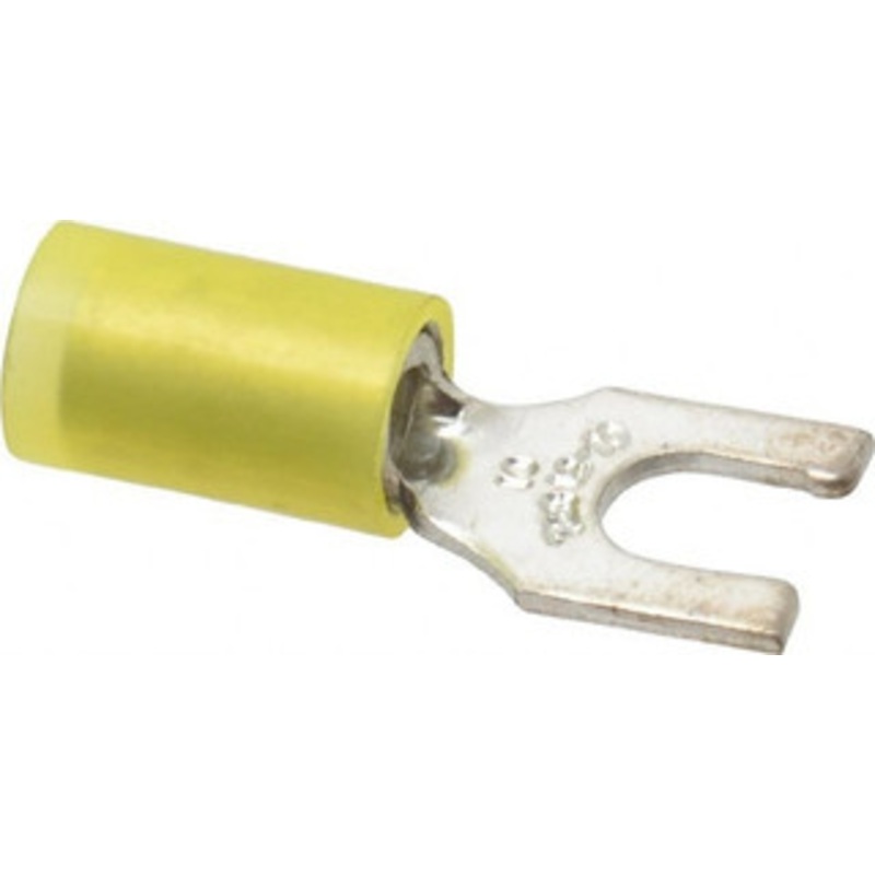 Thomas & Betts #10 Stud, 12 to 10 AWG Compatible, Partially Insulated, Crimp Connection, Locking Fork Terminal 0.37 Fork Width, Nylon Insulation, Yellow, 1. OAL, 600 Volts, Copper Contacts RC10-10FL - 54063698