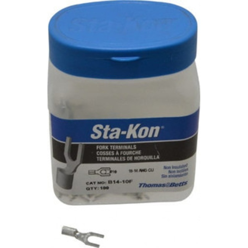 Thomas & Betts #10 Stud, 18 to 14 AWG Compatible, Noninsulated, Crimp Connection, Standard Fork Terminal 0.31 Fork Width, Blue, 3/4 OAL, 600 Volts, Copper Contacts B14-10F - 54064555