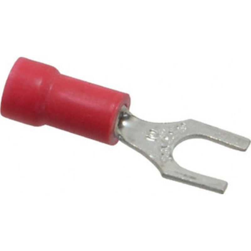 Thomas & Betts #10 Stud, 22 to 16 AWG Compatible, Partially Insulated, Crimp Connection, Standard Fork Terminal 0.31 Fork Width, Vinyl Insulation, Red, 0.97 OAL, 600 Volts, Copper Contacts 18RA-10F - 54063979