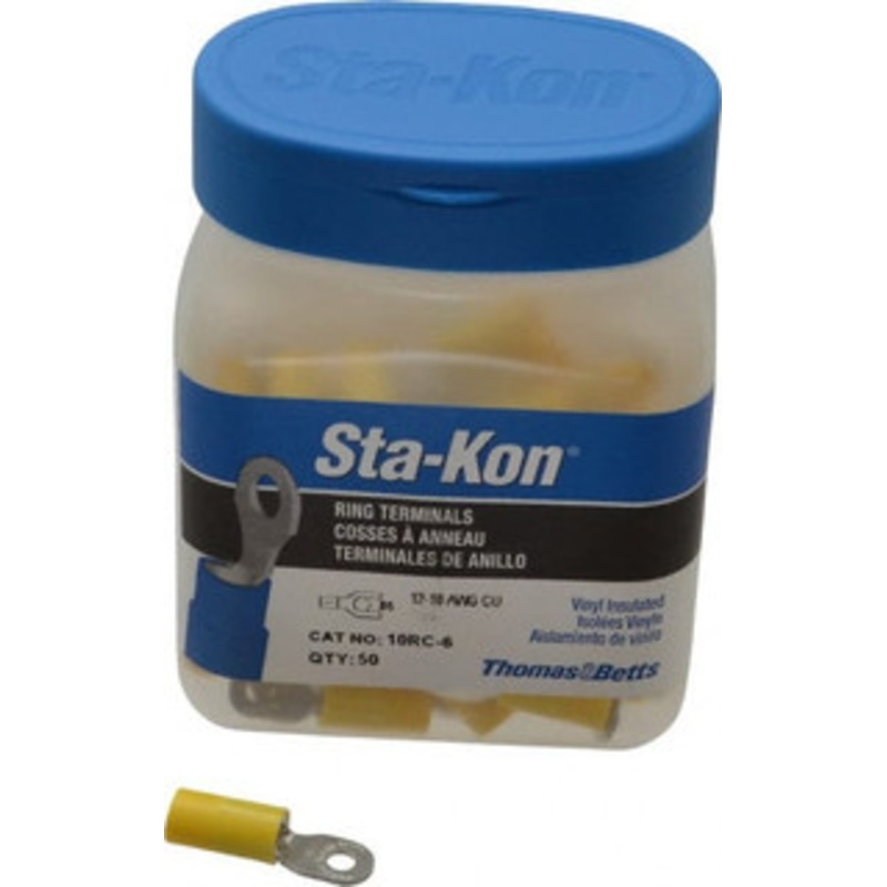 Thomas & Betts 12-10 AWG Partially Insulated Crimp Connection D Shaped Ring Terminal #6 Stud, 1.06 OAL x 0.31 Wide, Tin Plated Copper Contact 10RC-6 - 54063896