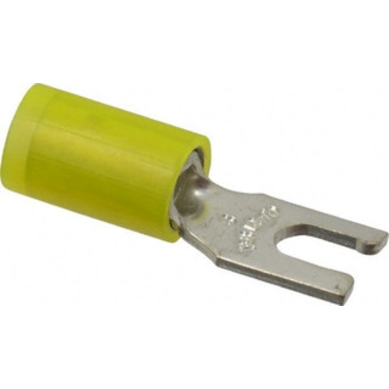 Thomas & Betts #6 Stud, 12 to 10 AWG Compatible, Partially Insulated, Crimp Connection, Locking Fork Terminal 0.31 Fork Width, Nylon Insulation, Yellow, 0.97 OAL, 600 Volts, Copper Contacts RC10-6FL - 54063672