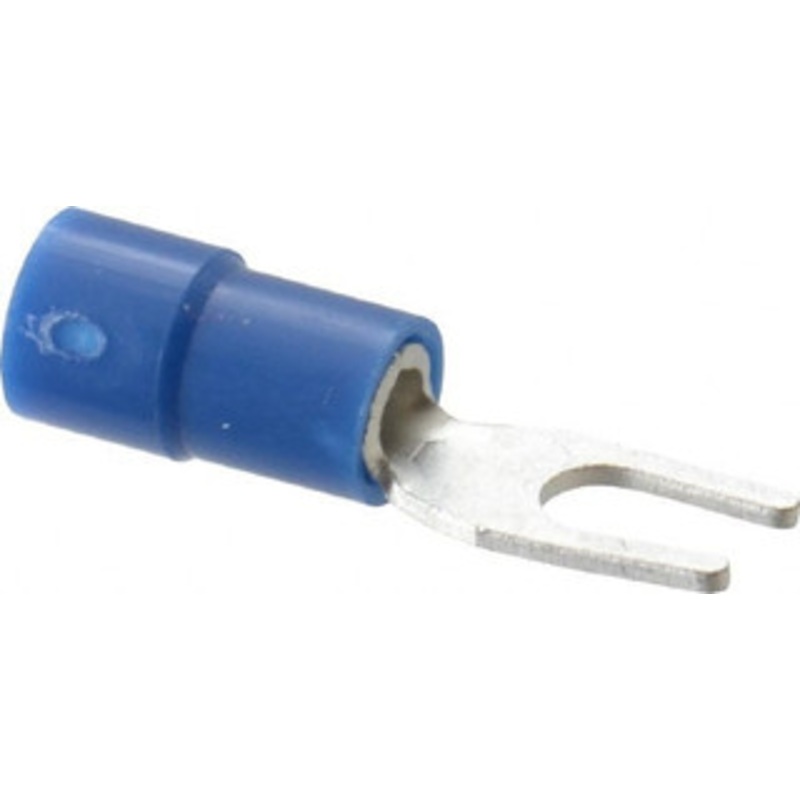Thomas & Betts #6 Stud, 16 to 14 AWG Compatible, Partially Insulated, Crimp Connection, Standard Fork Terminal 0.236 Fork Width, Vinyl Insulation, Blue, 0.886 OAL, 600 Volts, 0.031 Thick, Copper Contacts TV14-6F-XV - 68886910