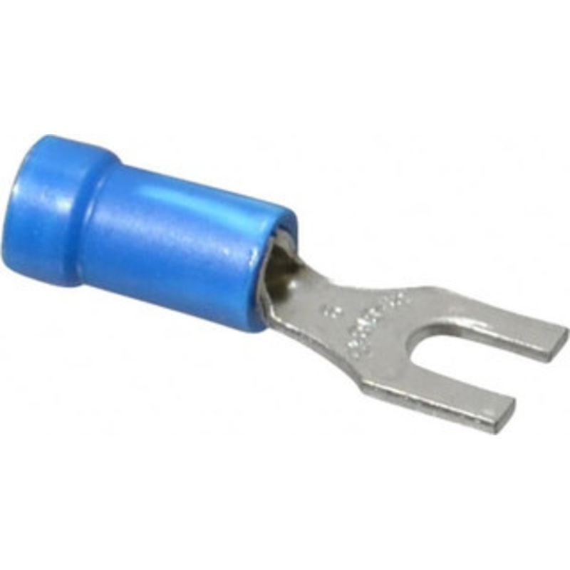 Thomas & Betts #6 Stud, 18 to 14 AWG Compatible, Partially Insulated, Crimp Connection, Standard Fork Terminal 0.31 Fork Width, Vinyl Insulation, Blue, 0.97 OAL, 600 Volts, Copper Contacts 14RB-6F - 54063987