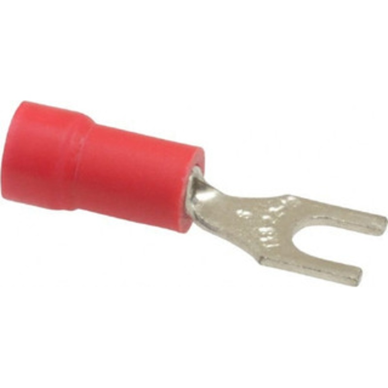 Thomas & Betts #6 Stud, 22 to 16 AWG Compatible, Partially Insulated, Crimp Connection, Standard Fork Terminal 1/4 Fork Width, Vinyl Insulation, Red, 0.94 OAL, 600 Volts, Copper Contacts 18RA-6F - 54063953