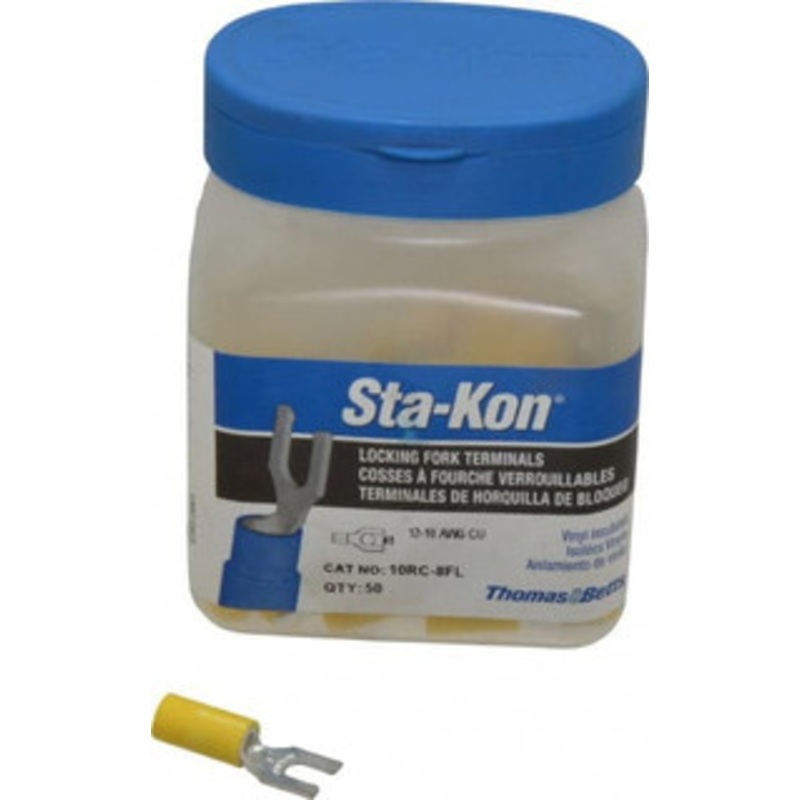 Thomas & Betts #8 Stud, 12 to 10 AWG Compatible, Partially Insulated, Crimp Connection, Locking Fork Terminal 0.37 Fork Width, Vinyl Insulation, Yellow, 1.09 OAL, 600 Volts, Copper Contacts 10RC-8FL - 54064134