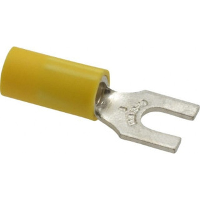 Thomas & Betts #8 Stud, 12 to 10 AWG Compatible, Partially Insulated, Crimp Connection, Standard Fork Terminal 0.38 Fork Width, Vinyl Insulation, Yellow, 1.09 OAL, 600 Volts, Copper Contacts 10RC-8F - 54064035