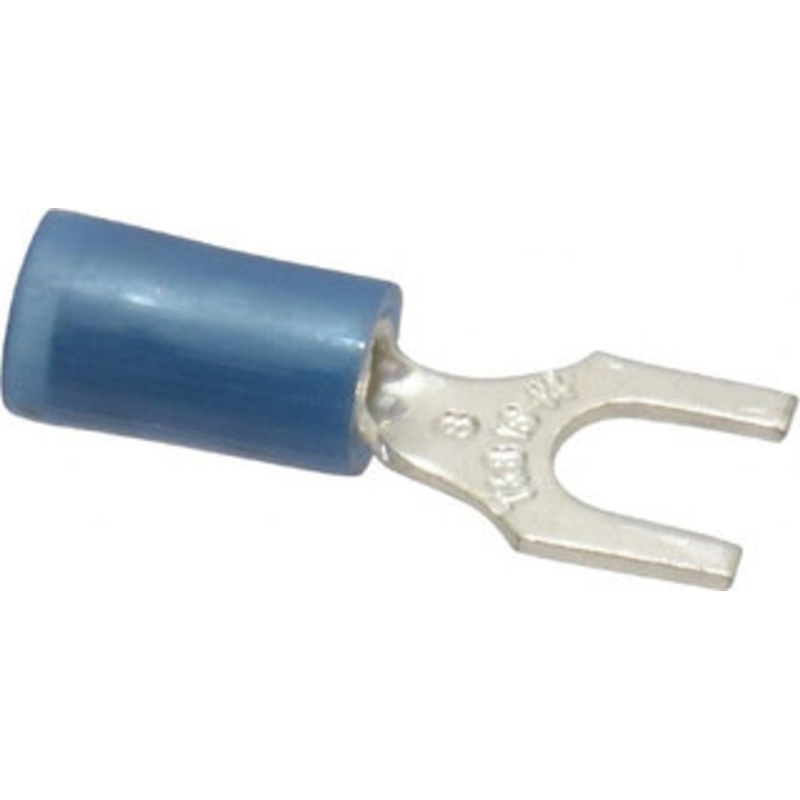 Thomas & Betts #8 Stud, 18 to 14 AWG Compatible, Partially Insulated, Crimp Connection, Standard Fork Terminal 0.31 Fork Width, Nylon Insulation, Blue, 0.87 OAL, 600 Volts, Copper Contacts RB14-8F - 54063540