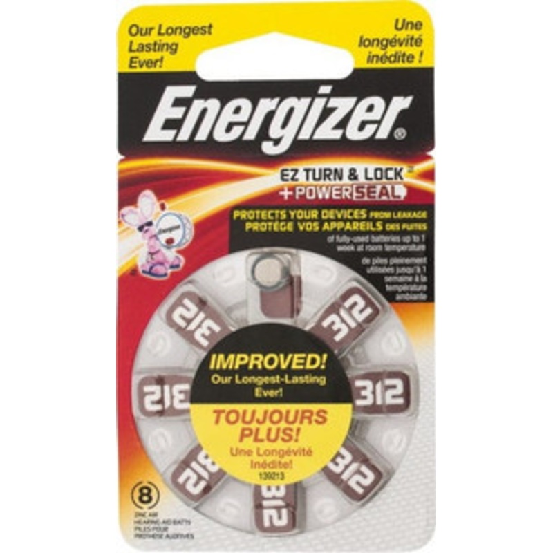 Energizer Pack of (8), Size 312, Zinc Air, Hearing Aid Batteries 1.4 Volts, Button Tab Terminal, PR41 AZ312DP-8 - 69443158