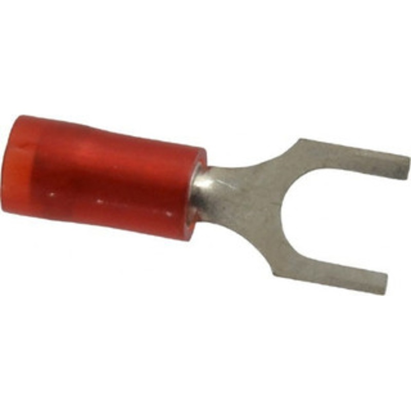 Thomas & Betts #10 Stud, 22 to 16 AWG Compatible, Partially Insulated, Crimp Connection, Standard Fork Terminal 0.31 Fork Width, Nylon Insulation, Red, 0.86 OAL, 600 Volts, Copper Contacts RA18-10F - 54063516
