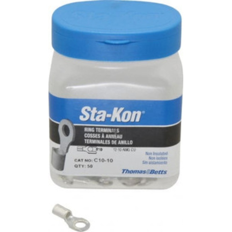 Thomas & Betts 12-10 AWG Noninsulated Crimp Connection D Shaped Ring Terminal #10 Stud, 0.85 OAL x 0.38 Wide, Tin Plated Copper Contact C10-10 - 54064258