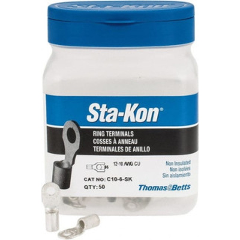 Thomas & Betts 12-10 AWG Noninsulated Crimp Connection D Shaped Ring Terminal #6 Stud, 0.82 OAL x 0.31 Wide, Tin Plated Copper Contact C10-6-SK - 54064233