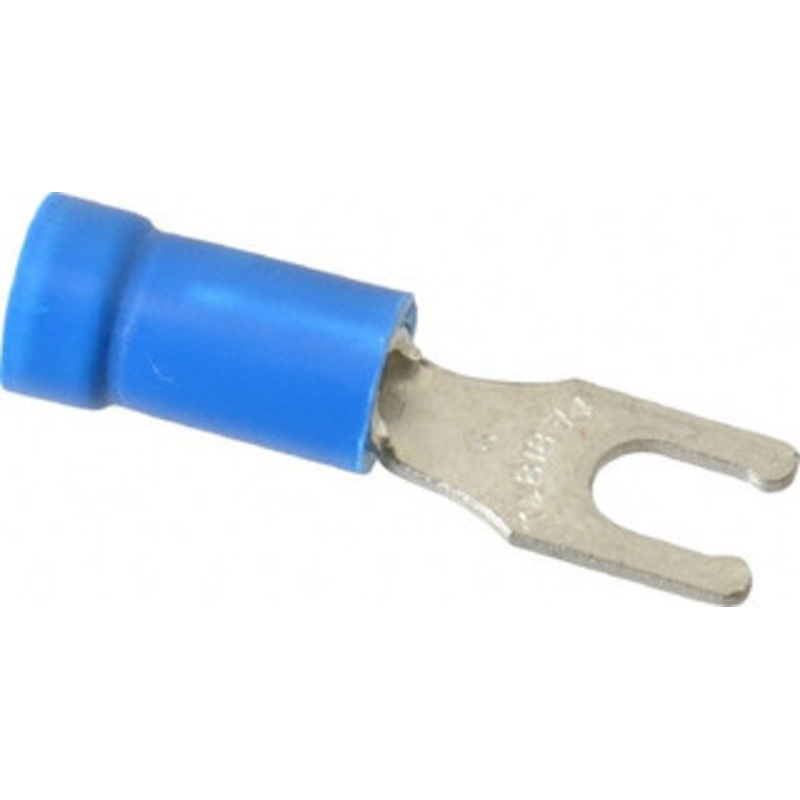 Thomas & Betts #6 Stud, 18 to 14 AWG Compatible, Partially Insulated, Crimp Connection, Locking Fork Terminal 1/4 Fork Width, Vinyl Insulation, Blue, 0.97 OAL, 600 Volts, Copper Contacts 14RB-6FL - 54064092