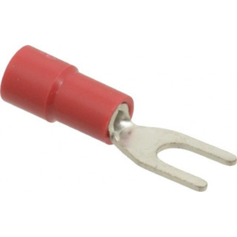 Thomas & Betts #6 Stud, 22 to 16 AWG Compatible, Partially Insulated, Crimp Connection, Standard Fork Terminal 1/4 Fork Width, Vinyl Insulation, Red, 0.886 OAL, 600 Volts, 0.03 Thick, Copper Contacts TV18-6F-XV - 68886977